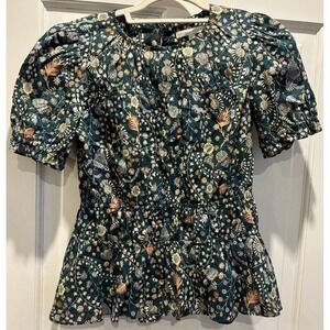 Antonio Melani Puff Sleeve Green Floral Blouse Sz XS Liberty Fabrics 100% Cotton